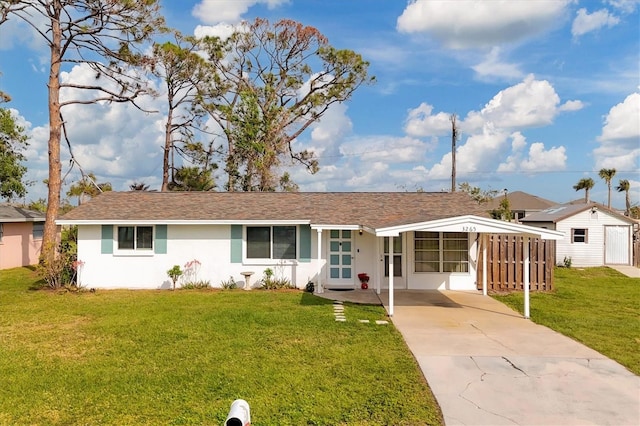 ranch-style home featuring a carport and a front lawn