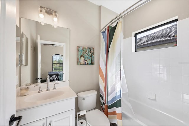 full bathroom with vanity, toilet, and shower / bathtub combination with curtain