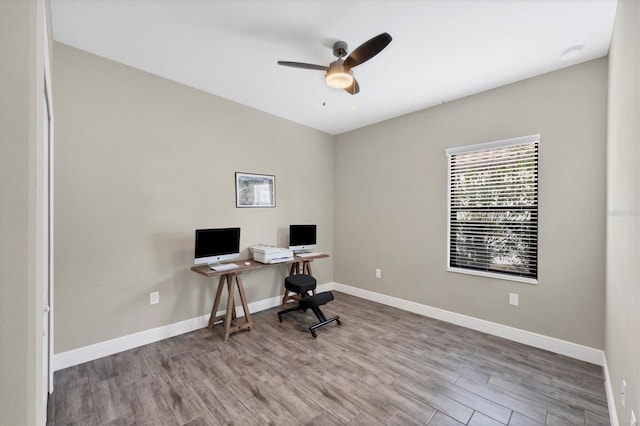 office area featuring ceiling fan and light hardwood / wood-style floors