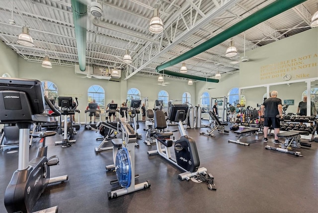 exercise room with a towering ceiling