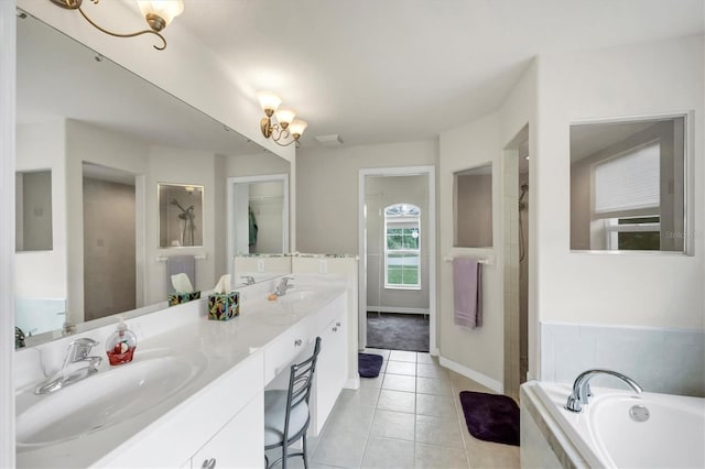 bathroom featuring tile patterned flooring, vanity, and independent shower and bath