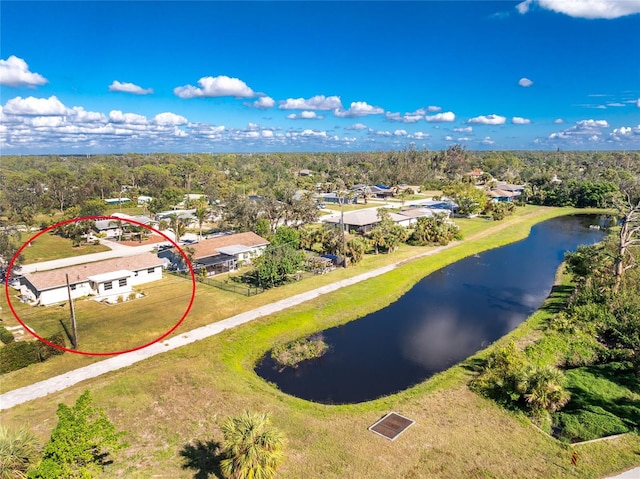 bird's eye view with a water view