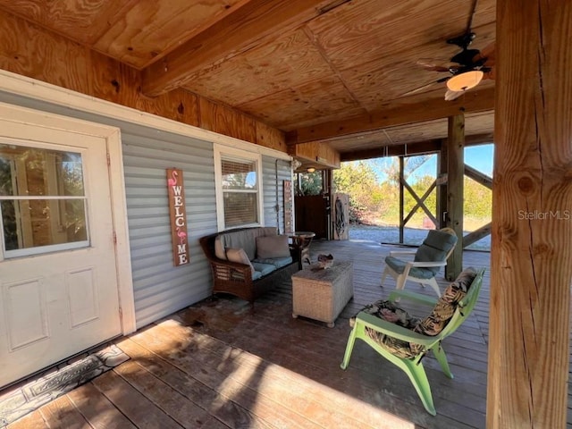 9526 Jolly Roger Trl, Placida, FL 33946 - wooden terrace featuring an outdoor hangout area and a ceiling fan