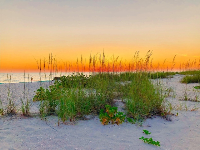 nature at dusk featuring a water view and a beach view