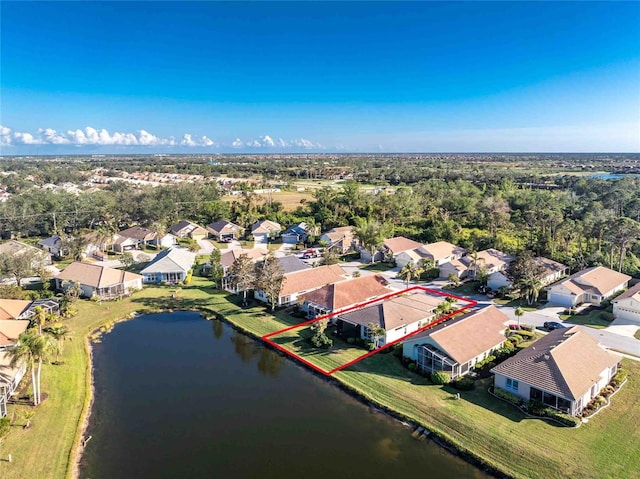 drone / aerial view featuring a water view