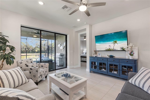 living room featuring light tile patterned floors