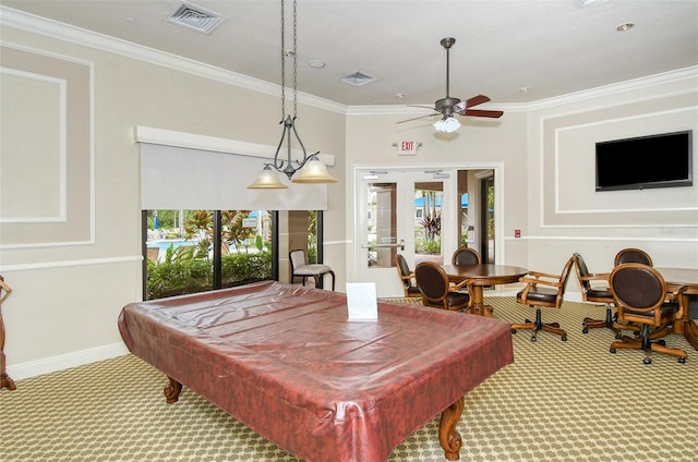 recreation room with ceiling fan, crown molding, carpet floors, and billiards