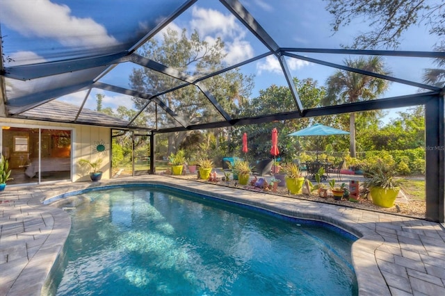 view of swimming pool with a patio and glass enclosure