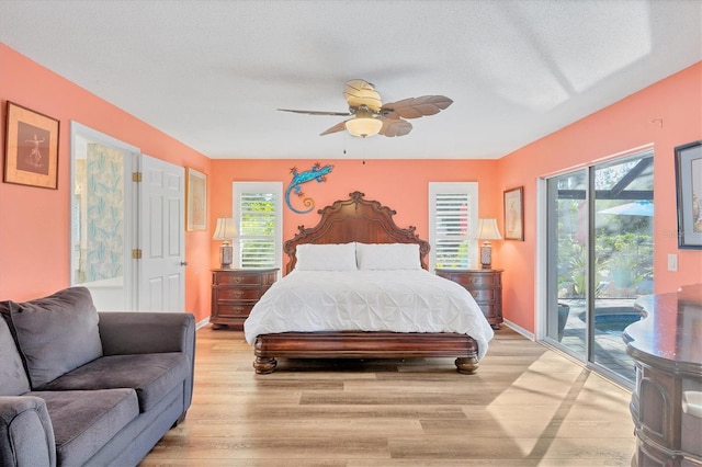 bedroom with a textured ceiling, access to outside, light hardwood / wood-style flooring, and ceiling fan