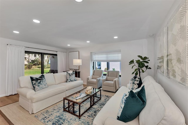 living room with light hardwood / wood-style floors and a healthy amount of sunlight