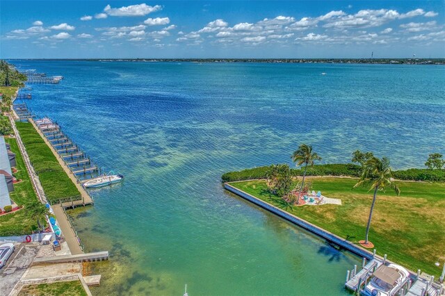 drone / aerial view with a water view