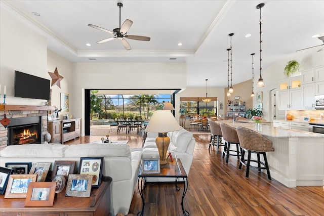 living room featuring a fireplace, a wealth of natural light, a tray ceiling, and ceiling fan