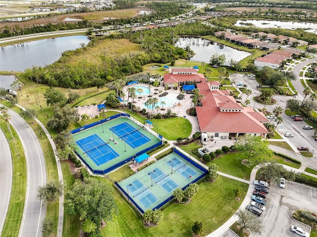 bird's eye view with a water view