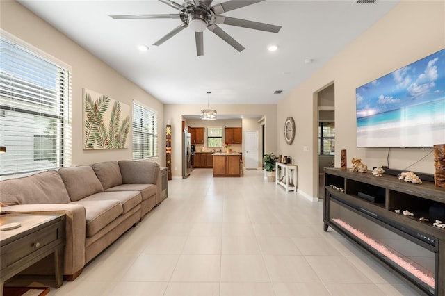 living room with ceiling fan