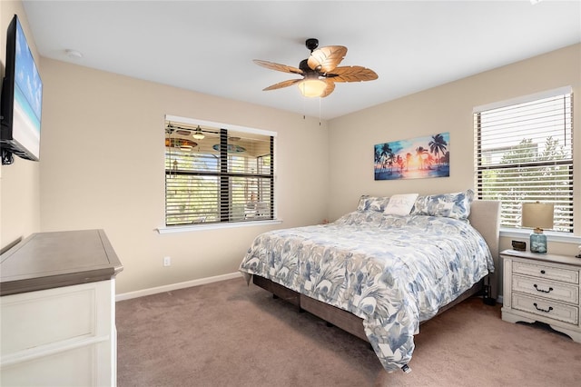 carpeted bedroom with multiple windows and ceiling fan