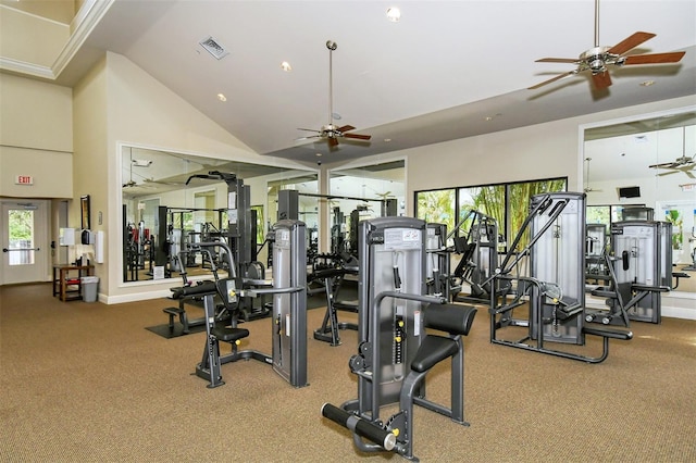 exercise room featuring ceiling fan and high vaulted ceiling