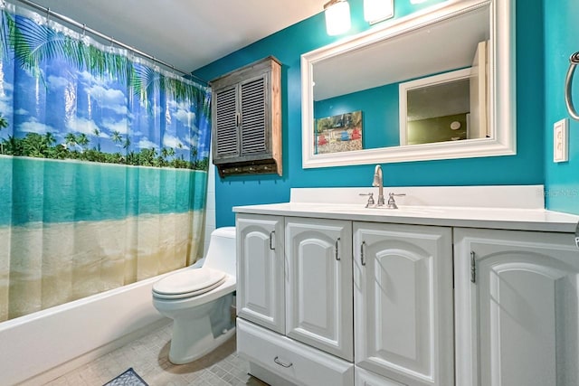 full bathroom featuring toilet, shower / bath combination with curtain, and vanity