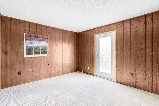 spare room featuring carpet flooring, wood walls, and a textured ceiling