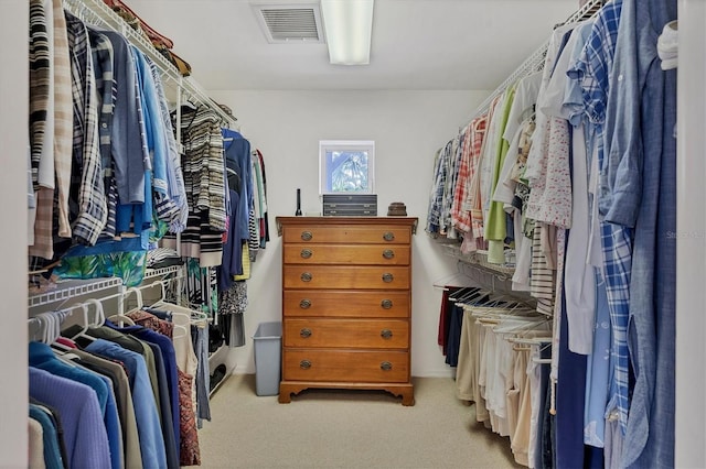 walk in closet with light carpet