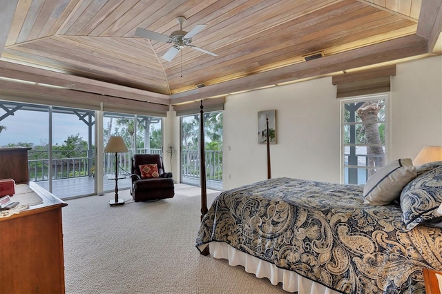 carpeted bedroom with multiple windows, vaulted ceiling, access to outside, and wooden ceiling