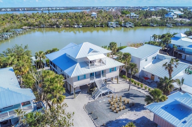 drone / aerial view with a water view