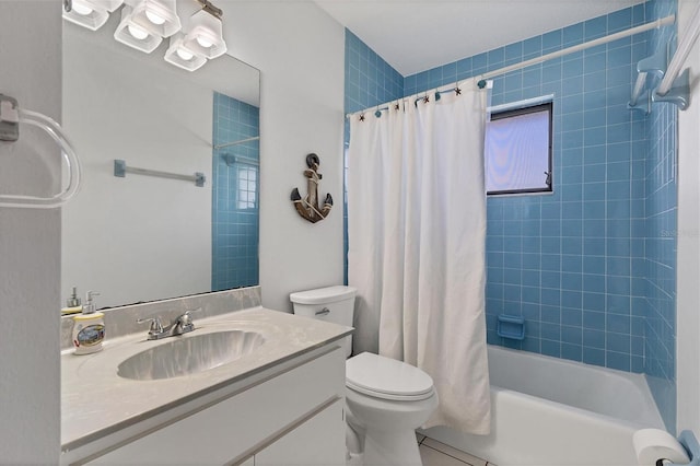 bathroom with tile patterned flooring, vanity, toilet, and shower / tub combo with curtain