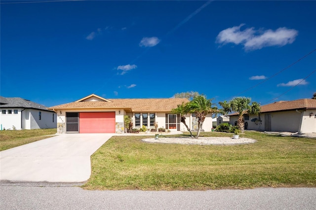 ranch-style home featuring stucco siding, concrete driveway, a garage, and a front yard