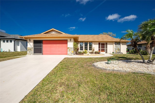 ranch-style house with a front yard, a garage, driveway, and stucco siding