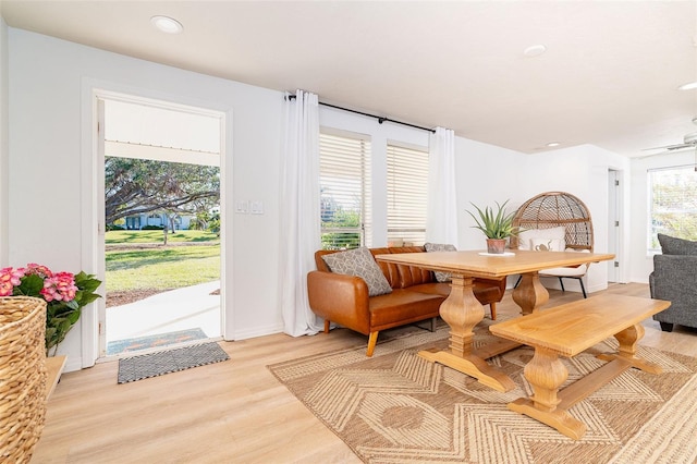 dining area with light wood-type flooring and a wealth of natural light