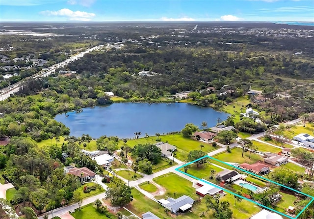 aerial view featuring a water view