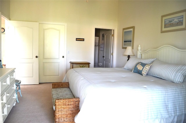 bedroom with light colored carpet and a closet