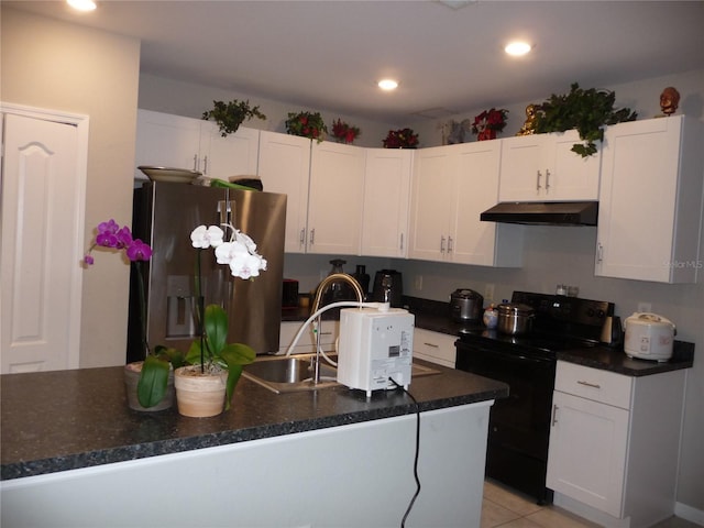 kitchen with black range with electric stovetop, white cabinetry, light tile patterned floors, and stainless steel refrigerator with ice dispenser