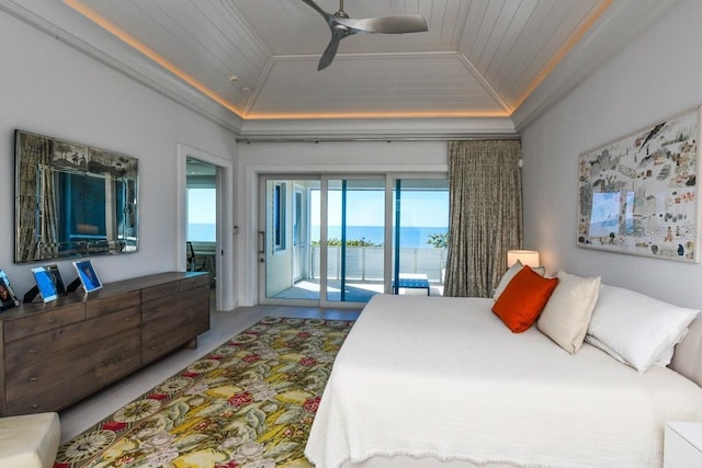 bedroom featuring vaulted ceiling, ornamental molding, wood ceiling, and access to outside