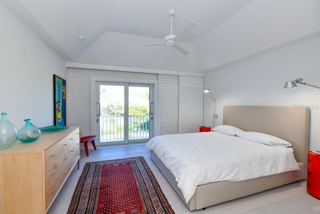 bedroom with ceiling fan, lofted ceiling, light hardwood / wood-style floors, and access to outside