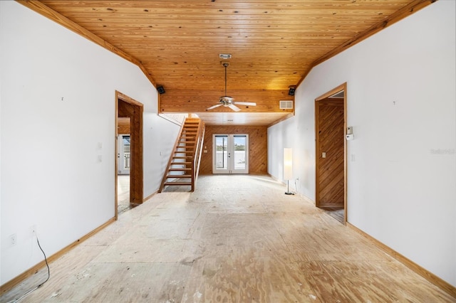 interior space featuring french doors, wooden ceiling, and vaulted ceiling