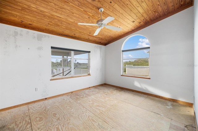 spare room featuring ceiling fan and wood ceiling