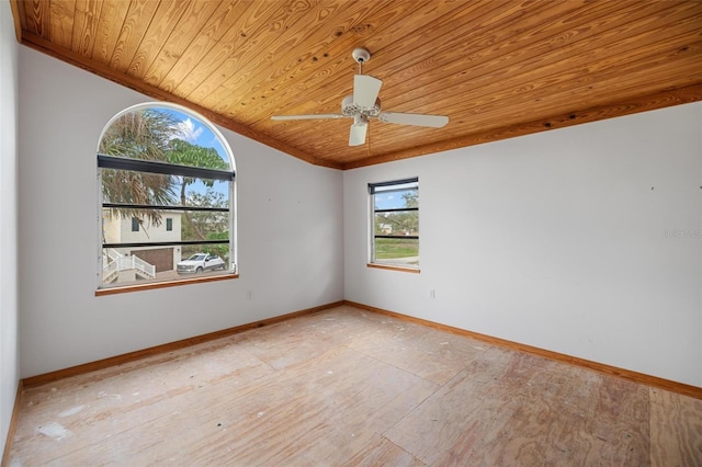 spare room featuring ceiling fan, light hardwood / wood-style flooring, plenty of natural light, and wood ceiling