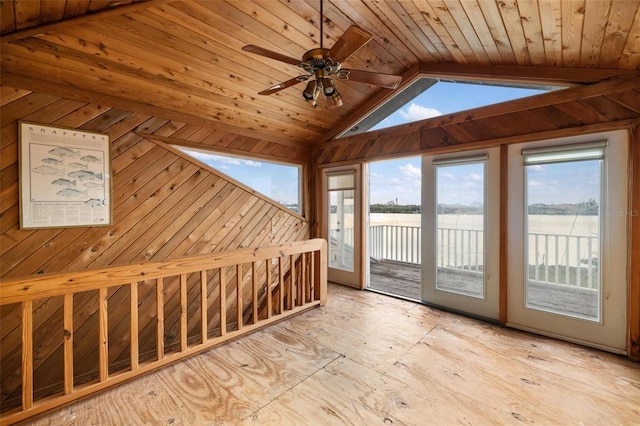 additional living space featuring ceiling fan, a water view, wood ceiling, and lofted ceiling