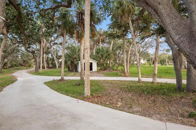 exterior space with a yard and a storage shed