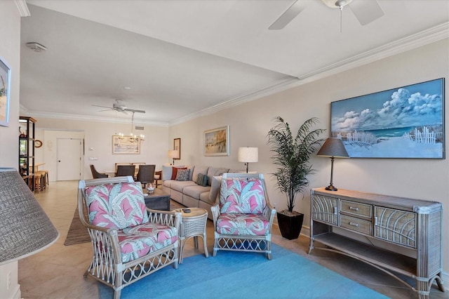 tiled living room featuring ornamental molding and a notable chandelier