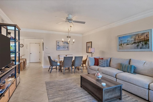 living room featuring crown molding, light tile patterned flooring, and ceiling fan with notable chandelier