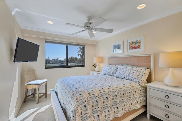 bedroom featuring ceiling fan and crown molding