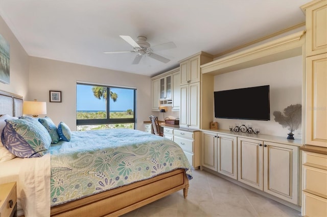 tiled bedroom with ceiling fan
