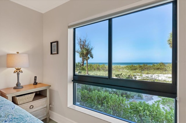 bedroom featuring a water view