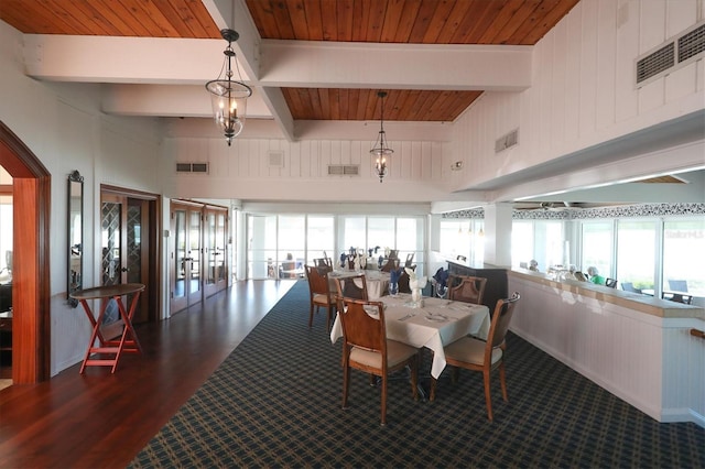 dining room featuring beam ceiling, wooden ceiling, french doors, and a notable chandelier