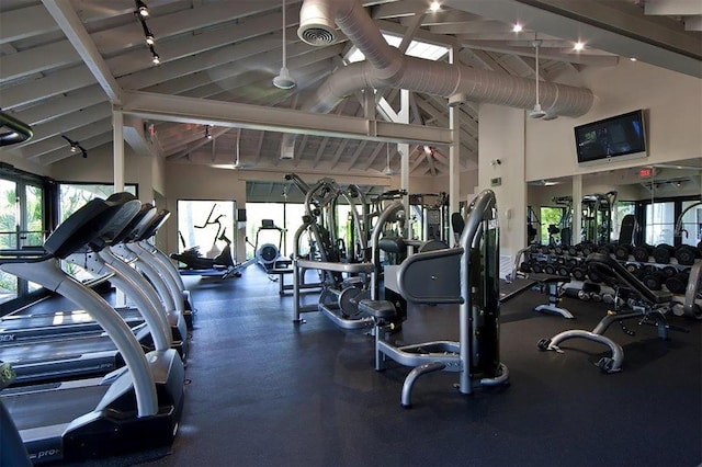exercise room with high vaulted ceiling