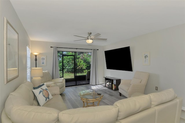 living room featuring ceiling fan and light wood-type flooring