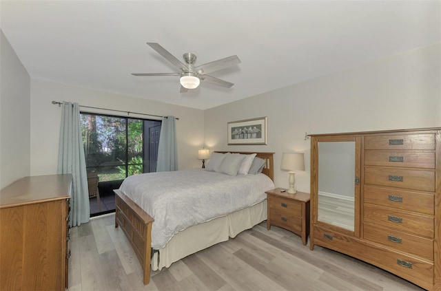 bedroom featuring light wood-type flooring, access to outside, and ceiling fan