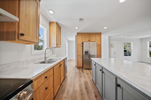 kitchen with crown molding, sink, light wood-type flooring, range hood, and stainless steel appliances