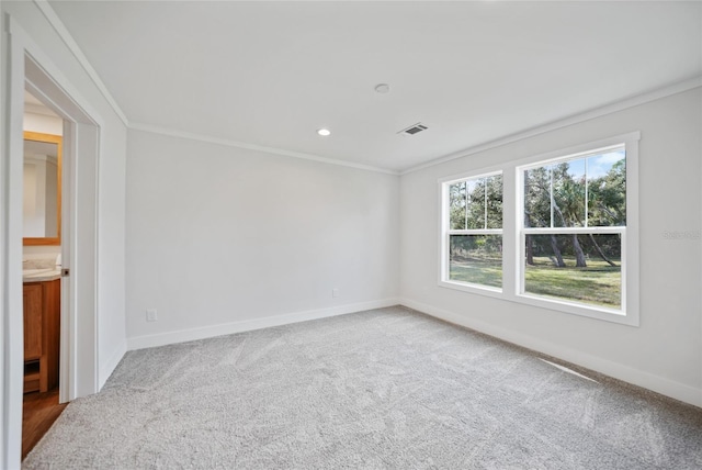 unfurnished room featuring carpet flooring and crown molding